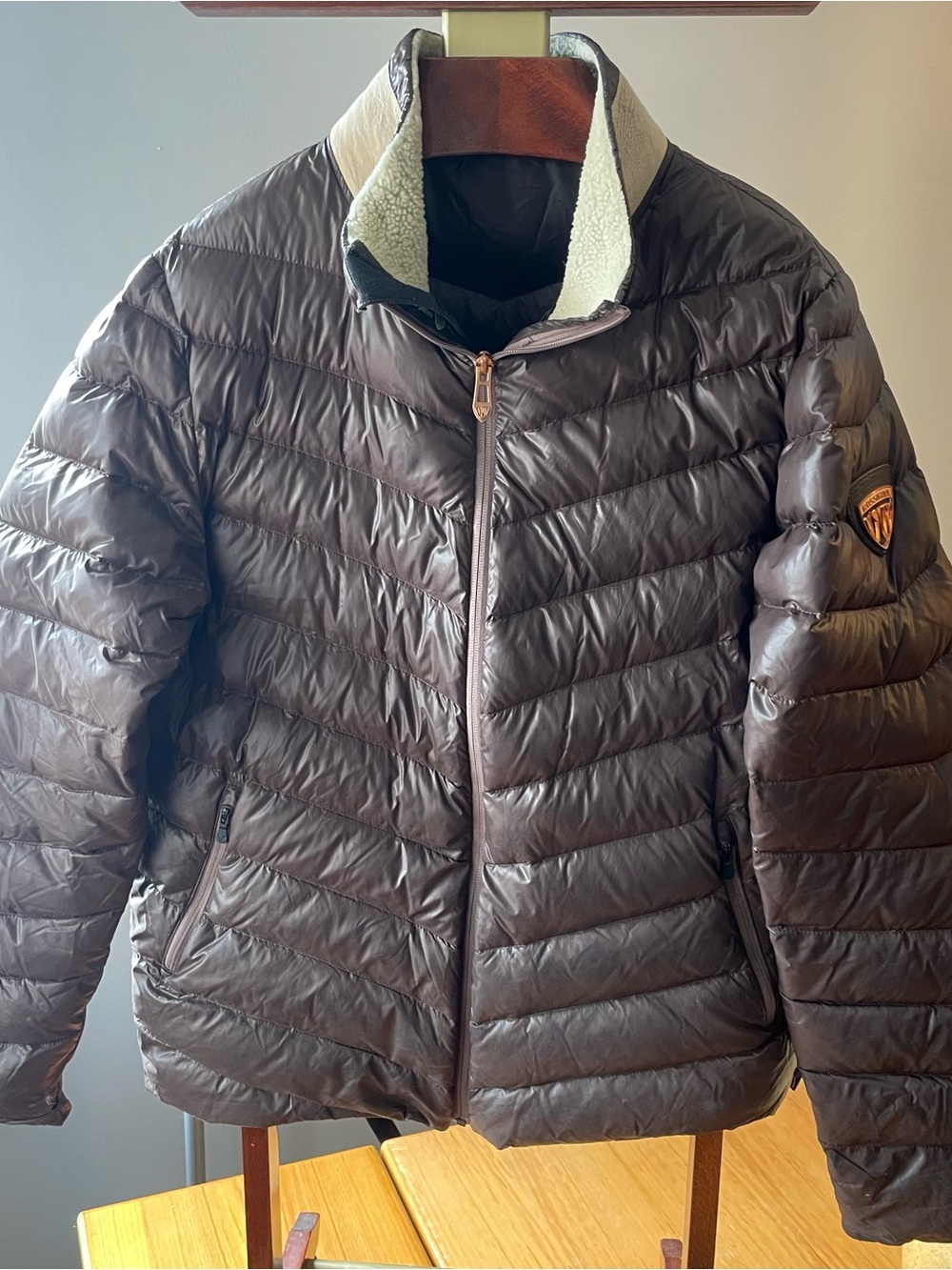 Rossignol 1907 Mens Brown Goose Down Puffer Jacket Shearling Fleece Collar
